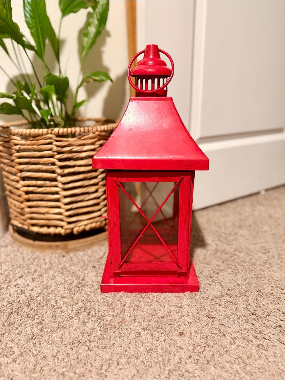 Red Metal Candle Lantern 20in Glass Panel Farmhouse Boho Decor